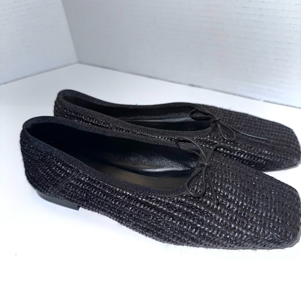 Mansur Garavani Raffia Black Sqaure Toe Ballet Flats 36=6 - Picture 2 of 7